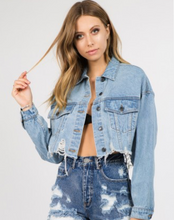 Load image into Gallery viewer, Distress Crop Denim Jacket
